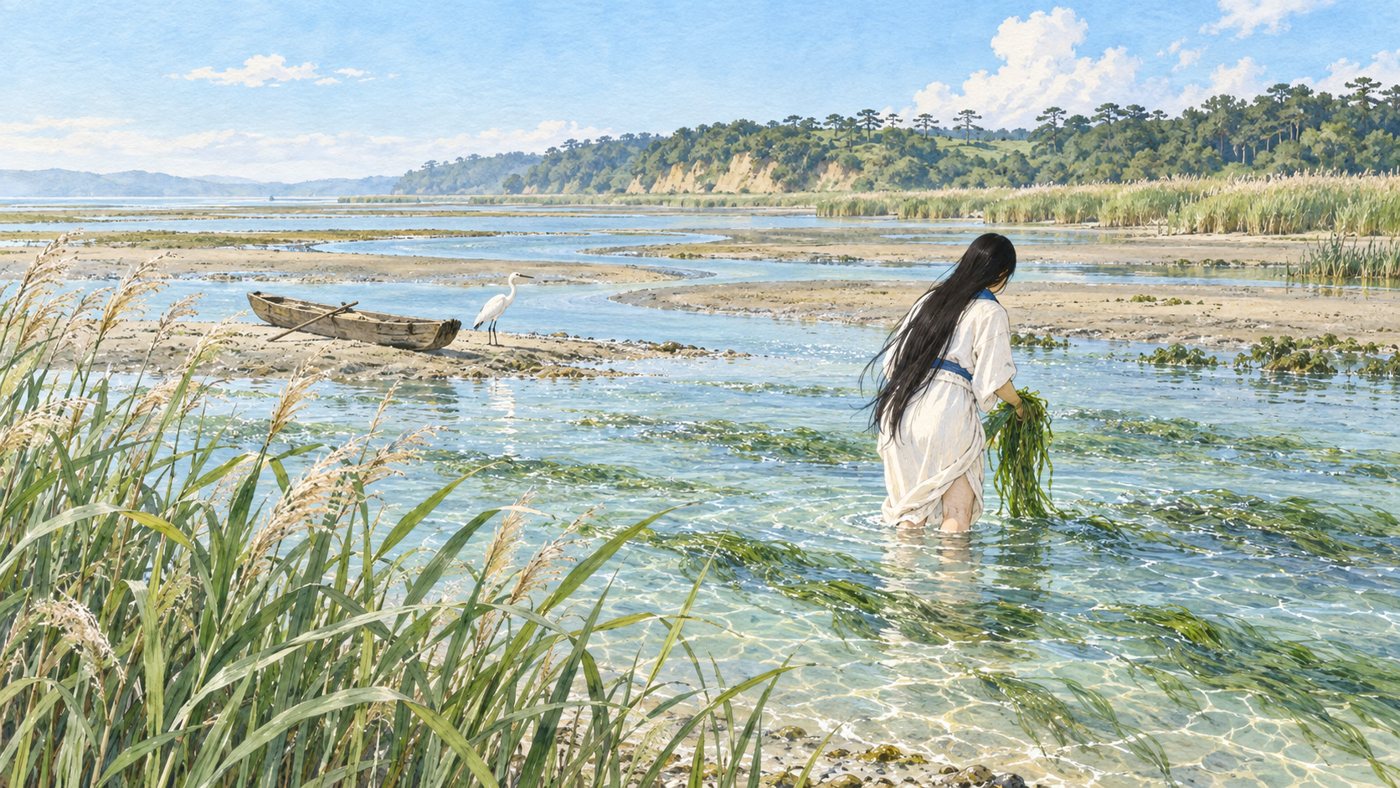 本歌（A面）の象徴画像。明るい朝の浅い入江で、白い麻の衣を着た娘が後ろ姿で玉藻を採っている。丸木舟と白鷺、低い崖線