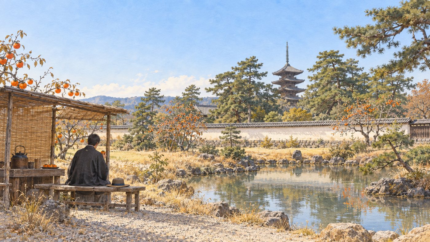 本歌（A面）の象徴画像。秋の午後、法隆寺の鏡池のほとりの茶店。縁台に腰かけた和服の若い男が後ろ姿で柿を手にし、土塀の向こうに五重塔の上層が見える